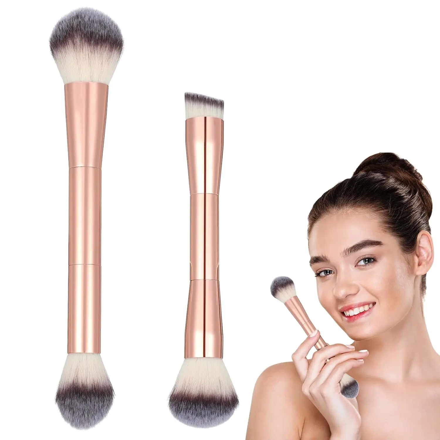 2 Pcs Foundation Makeup Brushes Double-Ended Foundation Makeup Brush Round Concealer Brushor Liquid Cream Blush Blending Buffing Concealer Dual Sided Make Up Brushes (Gold)