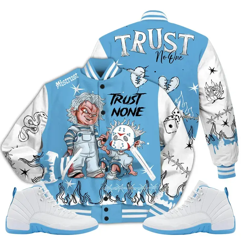 12 Melo Varsity Jacket, 2025 Retro Melo 12s Shirt, Trust None Graffiti Couples Jacket, Baseball Varsity Jacket, Sporty Streetwear Look, Everyday Casual Jacket
