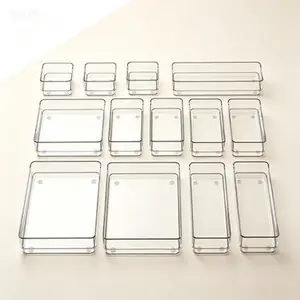 13-Piece Clear Drawer Organizer Set, Non-Slip Silicone Pads Desk Storage Trays, 5-Size Modular Storage Bins for Makeup Jewelry Utensils, Reusable Drawer Dividers for Bedroom Office Kitchen