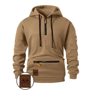 Men’s half-zip hooded sweatshirt with trendy pocket zipper design, letter print, loose fit, casual fashion for fall and winter, hot trending hoodies
