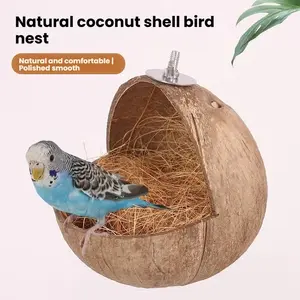 Natural Coconut Bird Nest House – Handmade Grass Woven Parrot Cage Toy, Cozy Breeding Shelter for Small Birds, Hanging Habitat for Parakeets, Lovebirds & Finches