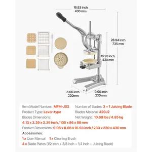 VEVOR Commercial French Fry Cutter, Stainless Steel Vegetable Fruit Chopper with 3 Replacement Blades 1/2-Inch 3/8-Inch 1/4-Inch, and a Juicing Blade, Manual Potato Slicer Dicer for Restaurants Home