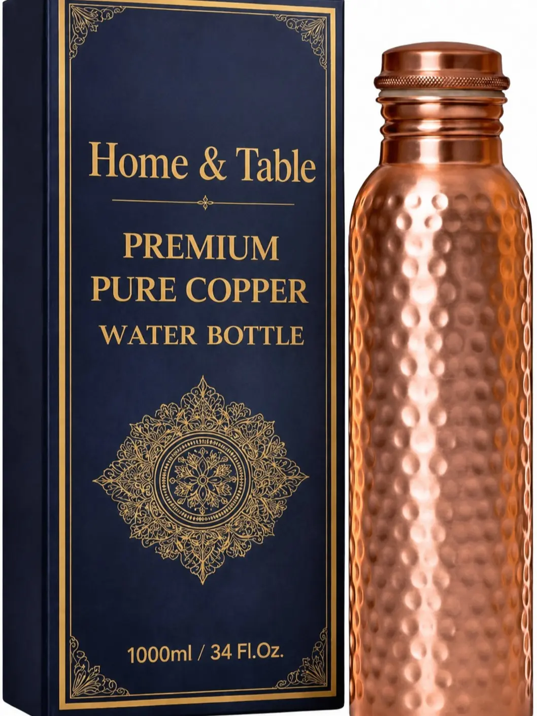 Copper Water Bottle (34oz/1000ml) 100% Pure Handmade Hammered Ayurvedic Pure Copper Vessel for Drinking Heavy Duty & Leak-proof