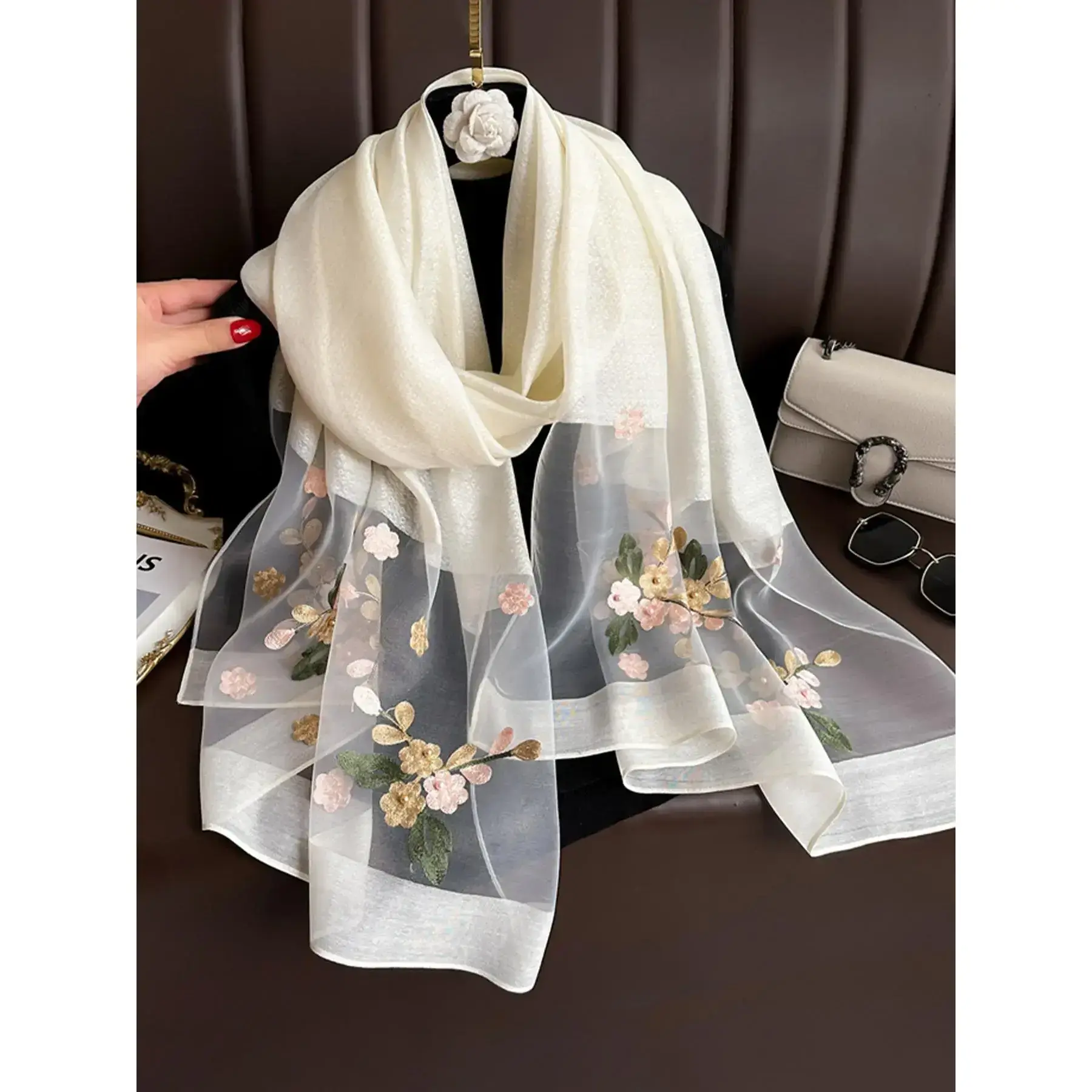 Elegant Floral Embroidered Silk Scarf for Women, Boho Style Scarf, Stylish Sun Protection Beach Shawl with Beads, Bohemian Windproof Must-Have Elegant Floral Embroidered Silk Scarf for Women, Boho Style Scarf, Stylish Sun Protection Beach Shawl with Beads, Bohemian Windproof Must-Have