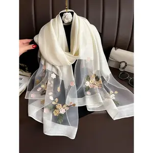 Elegant Floral Embroidered Silk Scarf for Women, Boho Style Scarf, Stylish Sun Protection Beach Shawl with Beads, Bohemian Windproof Must-Have