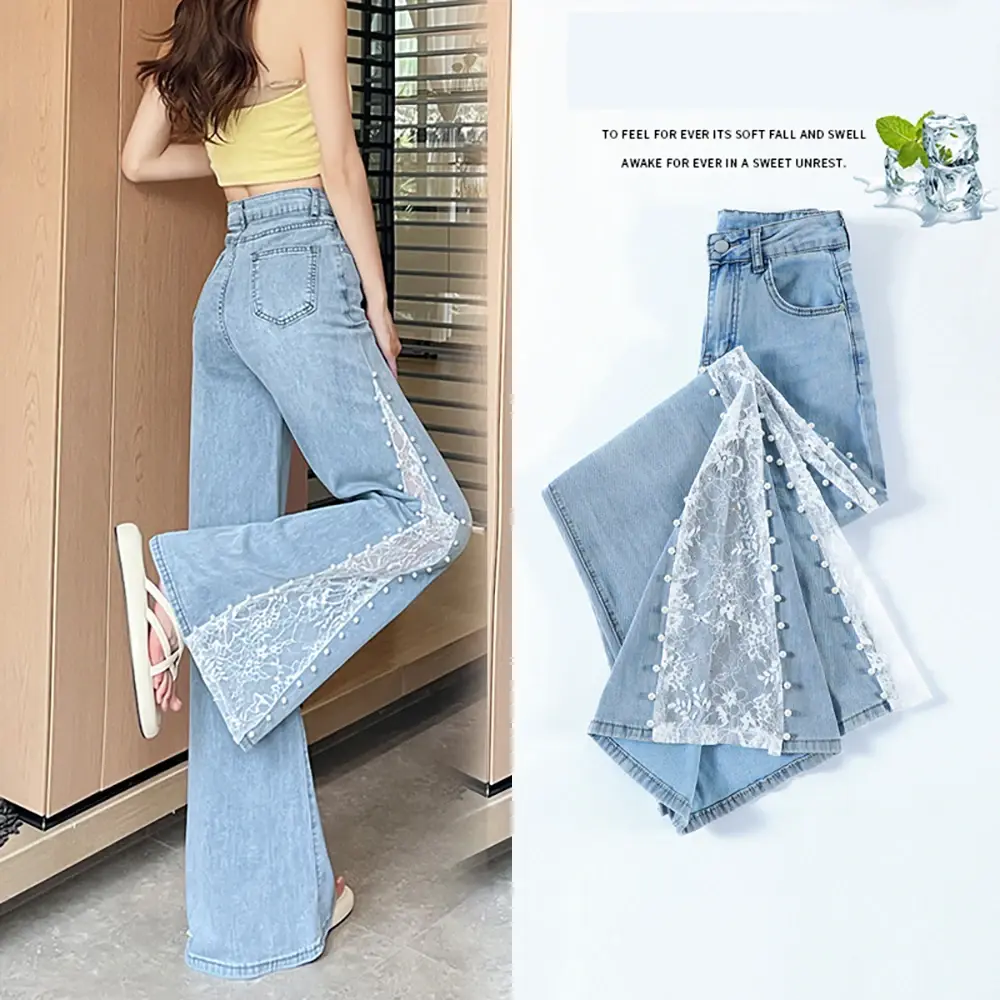 Women's Lace Patchwork Wide Leg Jeans – High Waist Pearl Detail Flare Denim Pants
