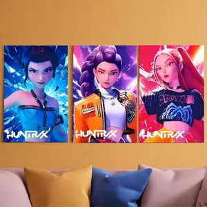 Set of 3 Custom KPOP-Inspired Hunter Framed Painting,Personalized Posters for Kids Room,Featuring Rumi, Mira & Zoey,Gift for Kpop Anime Fans
