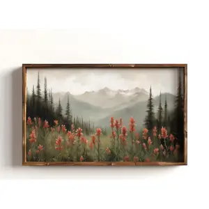 Canvas Decor Wildflower Wall Art Indian Paintbrush Print Mountain Scenery Red Flower Painting Mountain Home Decor Moody Nature  Wildflower Landscape