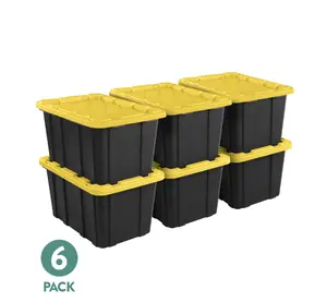 Large Storage Bin, 27 Gallon Durable Plastic Storage Tote with Snap-On Lid, Black and Yellow, 6 Pack