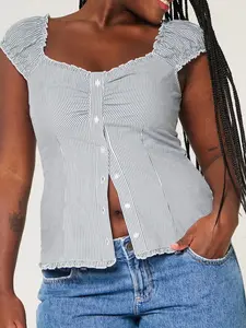 Women's Striped Print Button Front  Shirt, Casual Sweetheart Neck Top for Summer, Ladies Clothes for Daily Wear