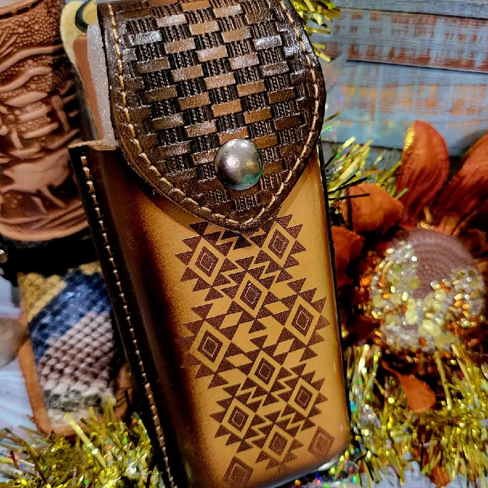 NATIVE AMERICAN LEATHER SHEATH WITH BELT LOOP FOR 5.75" FOLDING POCKET KNIFE HANDMADE GENUINE LEATHER HANDPAINTED