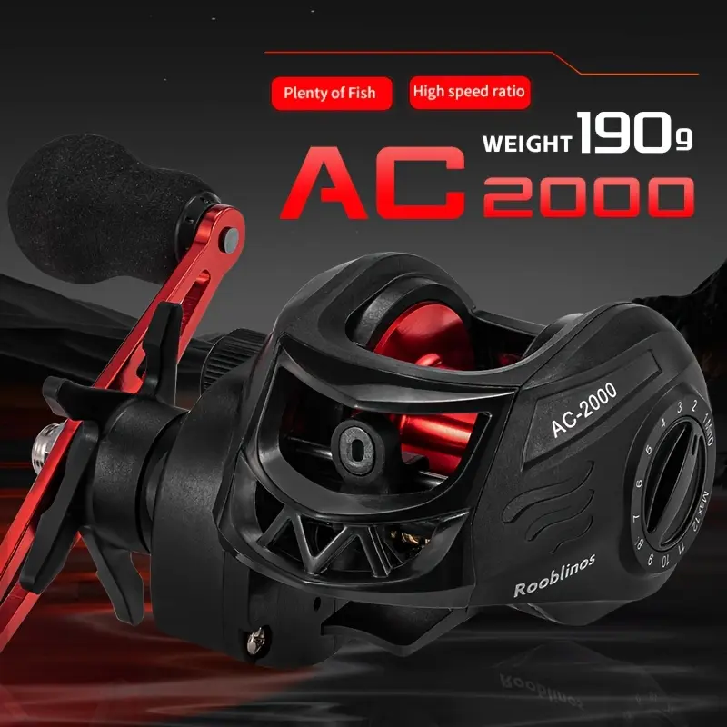 1 Rooblinos High-Strength AC Baitcasting Fishing Reel, Black & Red with Durable Nylon Body, Metal Spool, Ambidextrous - Ideal for Freshwater & Saltwater Long Casting, Universal, Drop Wheel