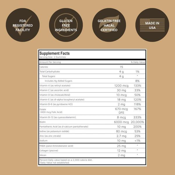 Hair Skin Nails Support Gummies with Biotin 6000 mcg Zinc Vitamin A E Gelatin Free Gluten Free for Healthy Hair Growth Radiant Skin Strong Nails Passion Fruit Flavor Made in USA 60 Count 30 Day Supply