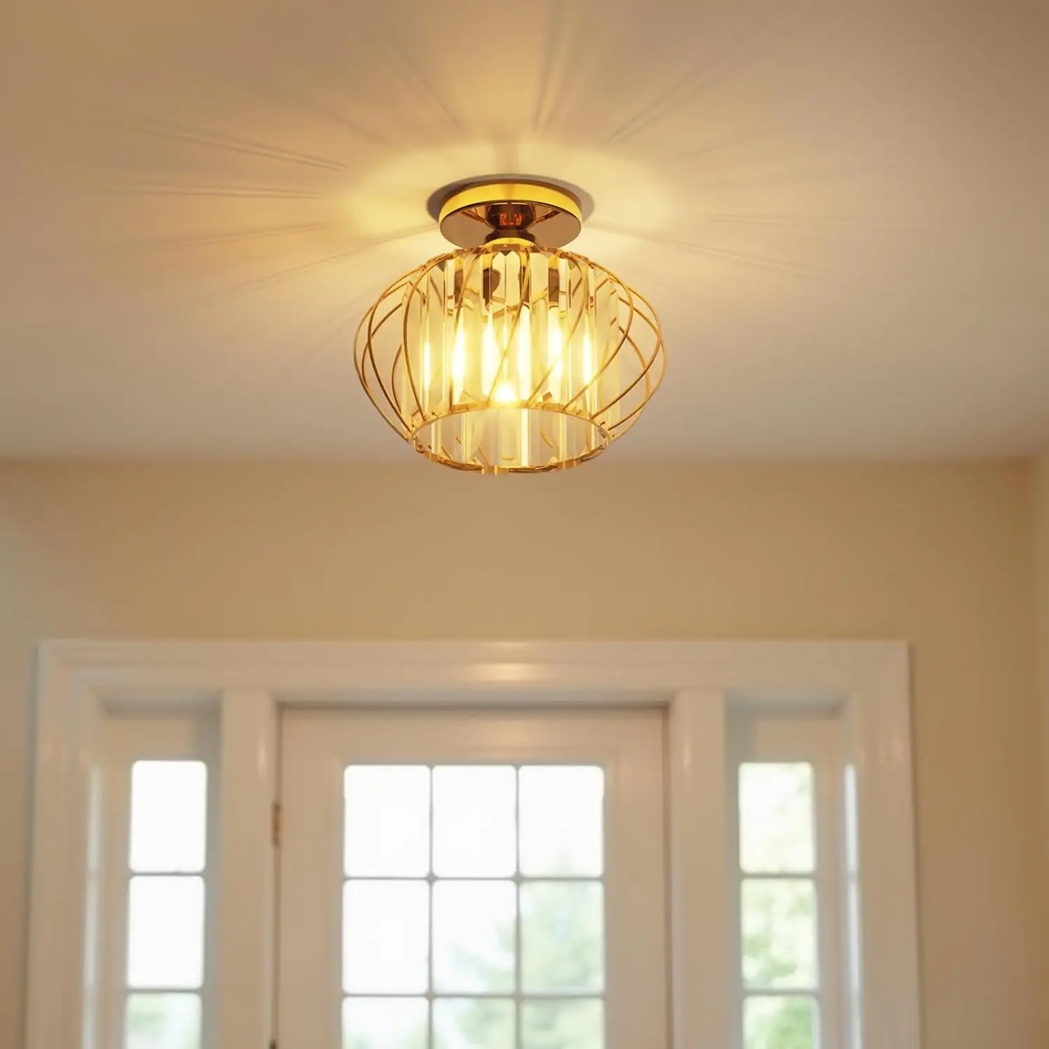 9-in Dimmable Gold Crystal Glass Flush Mount Chandelier, 11" Wide x 8.5" High E26 Ceiling Lighting Fixture for Dining Room, Porch, Indoor Home Improvement