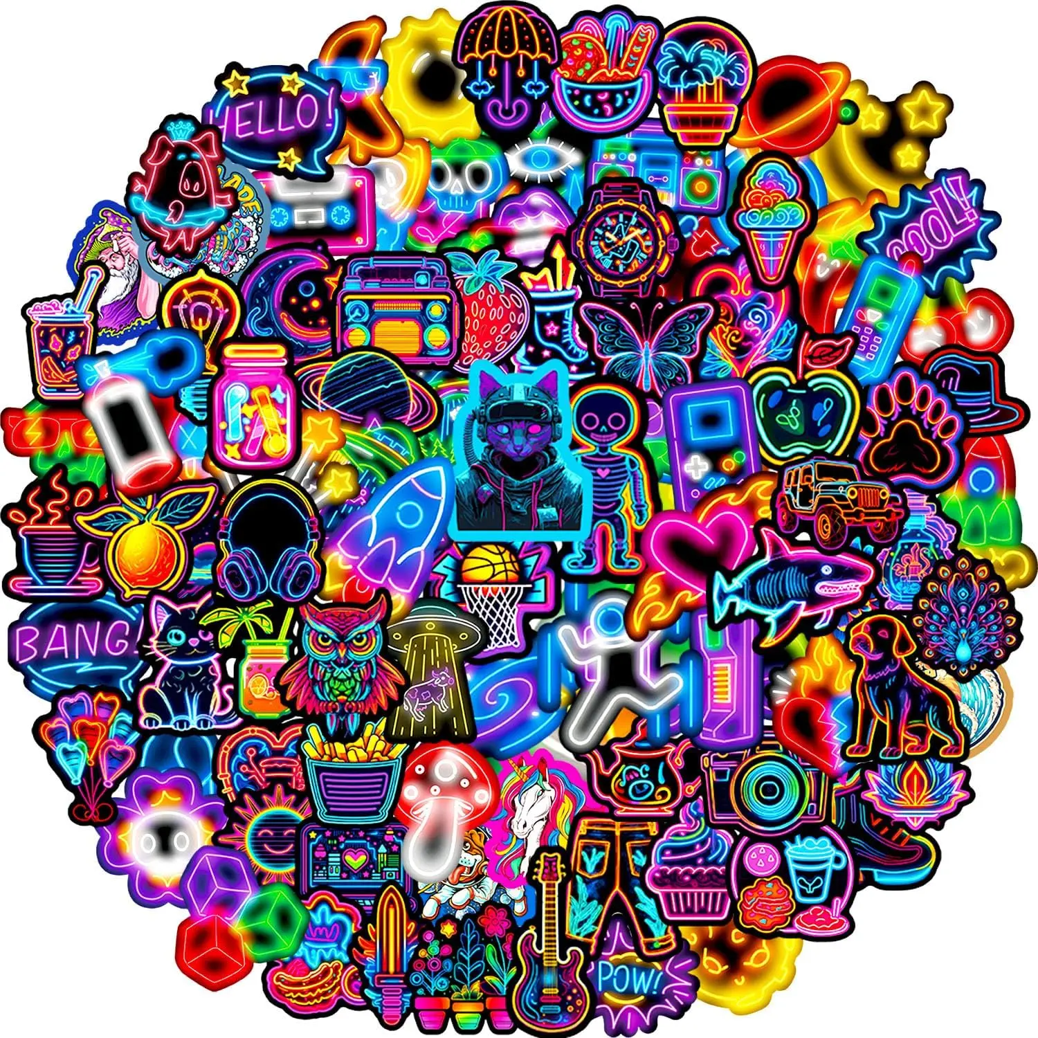 Water Bottle Stickers 100 Cool Cute Neon Sticker Packs, Prizes for Kids Classroom Rewards, Waterproof Vinyl Stickers for Water Bottles Laptop Scrapbooking Skateboard Journaling Luggage Tumbler etc