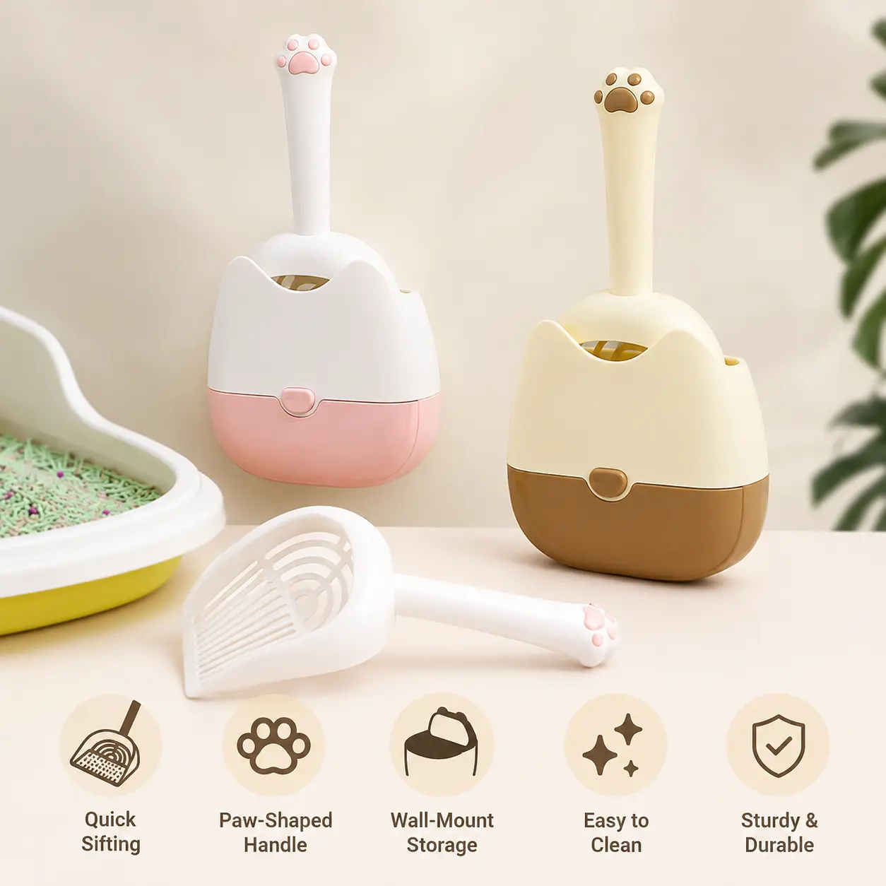 1 Count Cat Litter Shovel with Dual Gap Design, Paw Shaped Handle, Wall Mounted Storage Holder for Sifting Different Size Cat Litter Clumps