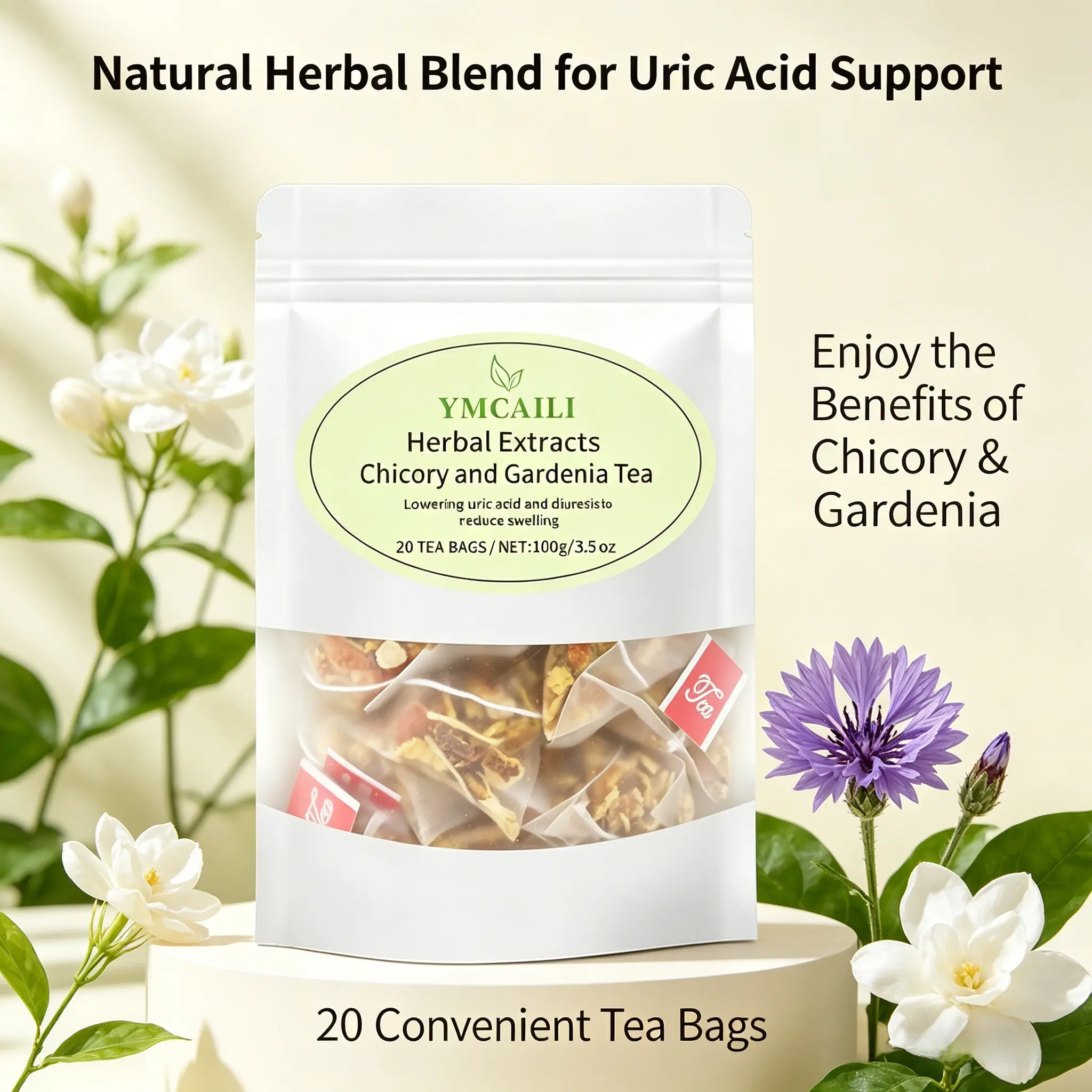 Premium Chicory Gardenia Herbal Tea, blended with chrysanthemum, honeysuckle, licorice and orange peel. Supports healthy uric acid levels, joint comfort, body detox. Caffeine-free natural herbal drink with 20 tea bags for daily wellness.