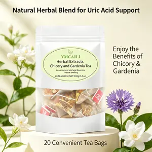 Premium Chicory Gardenia Herbal Tea, blended with chrysanthemum, honeysuckle, licorice and orange peel. Supports healthy uric acid levels, joint comfort, body detox. Caffeine-free natural herbal drink with 20 tea bags for daily wellness.