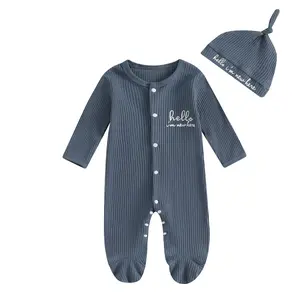 Newborn Baby Boy Cotton Footie Romper Casual Letter Print Long Sleeve Jumpsuit and Cute Hat Set for Infant Toddler Fall Outfit