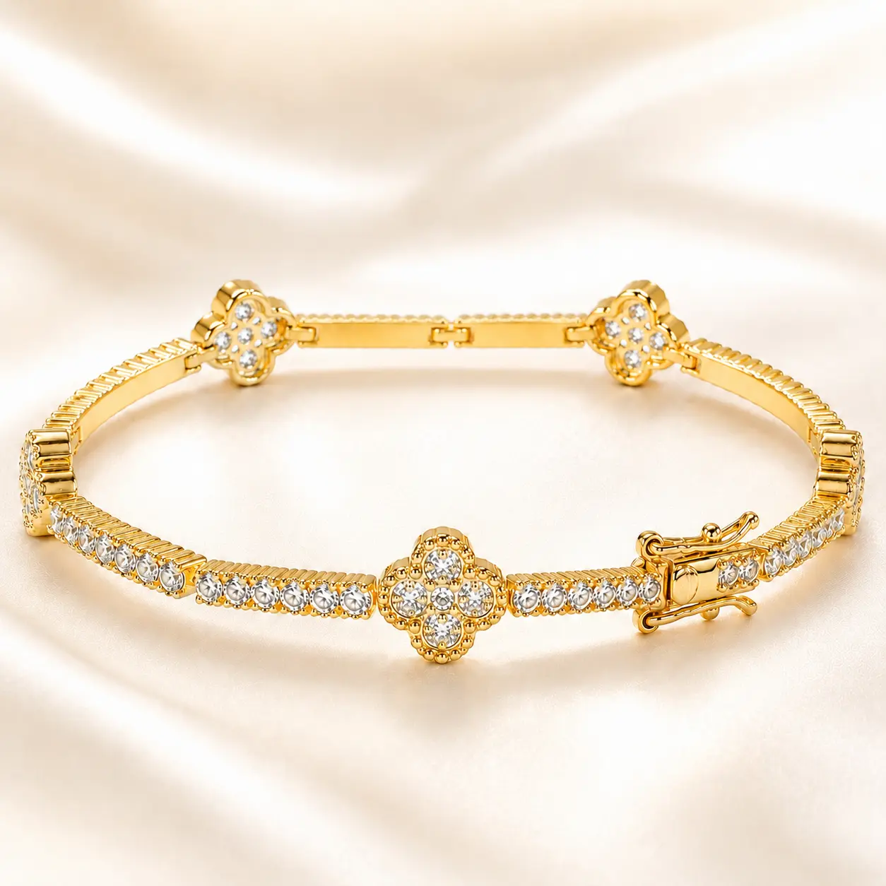 Women's 14 Karat Gold Plated Brass 4-Leaf Clover Tennis Bracelet-Bangle, Sparkling 5A Cubic Zirconia Lucky Flower Design, Asengli Jewelry Gold Bracelets Gift, 18 cm/20 cm