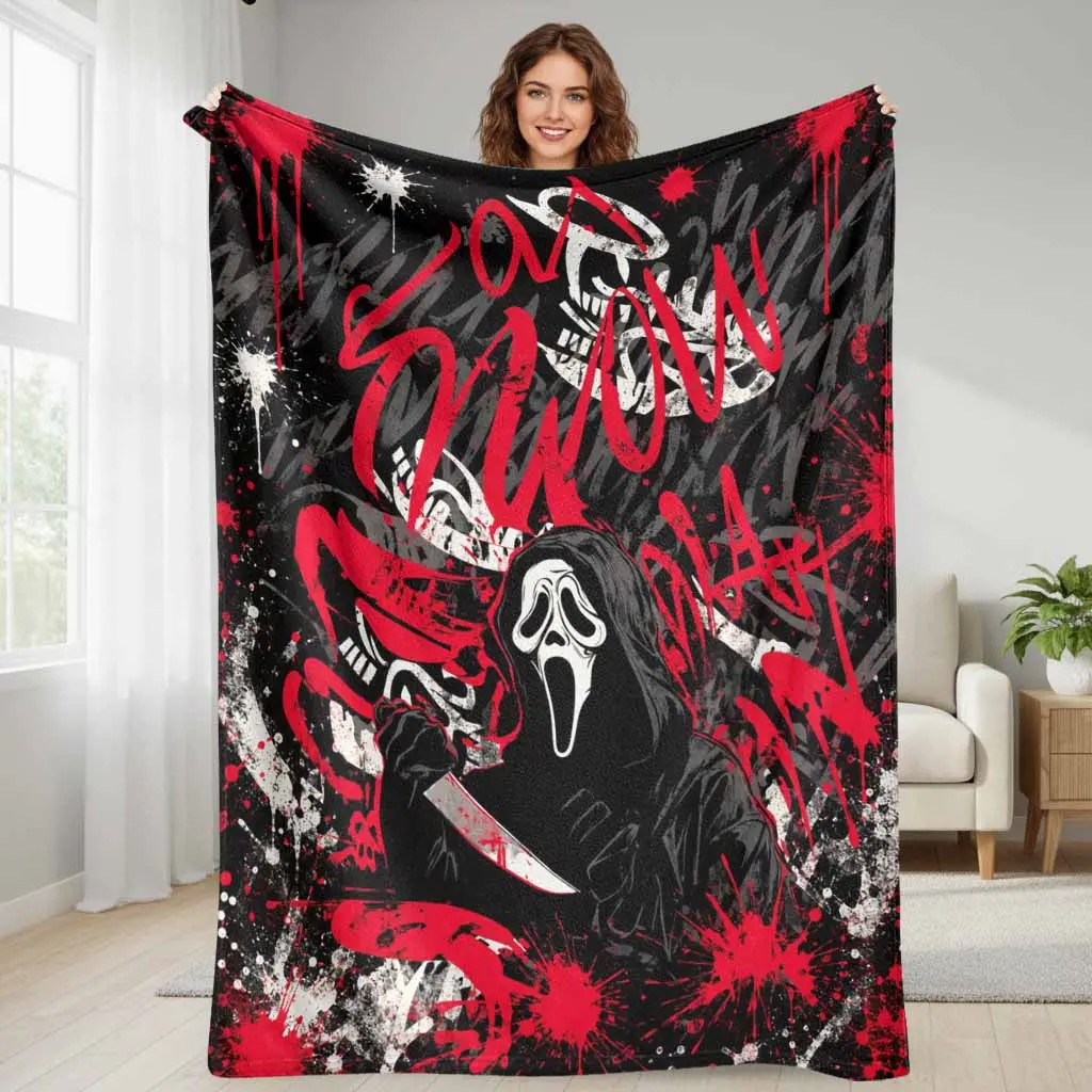 Dark Mystery Flannel Blanket Artistic Graffiti Horror Style Print Soft Lightweight Cozy Breathable Premium Material Perfect For Sofa Couch Bed Living Room Bedroom Movie Night Home Decor Unique Aesthetic Gift