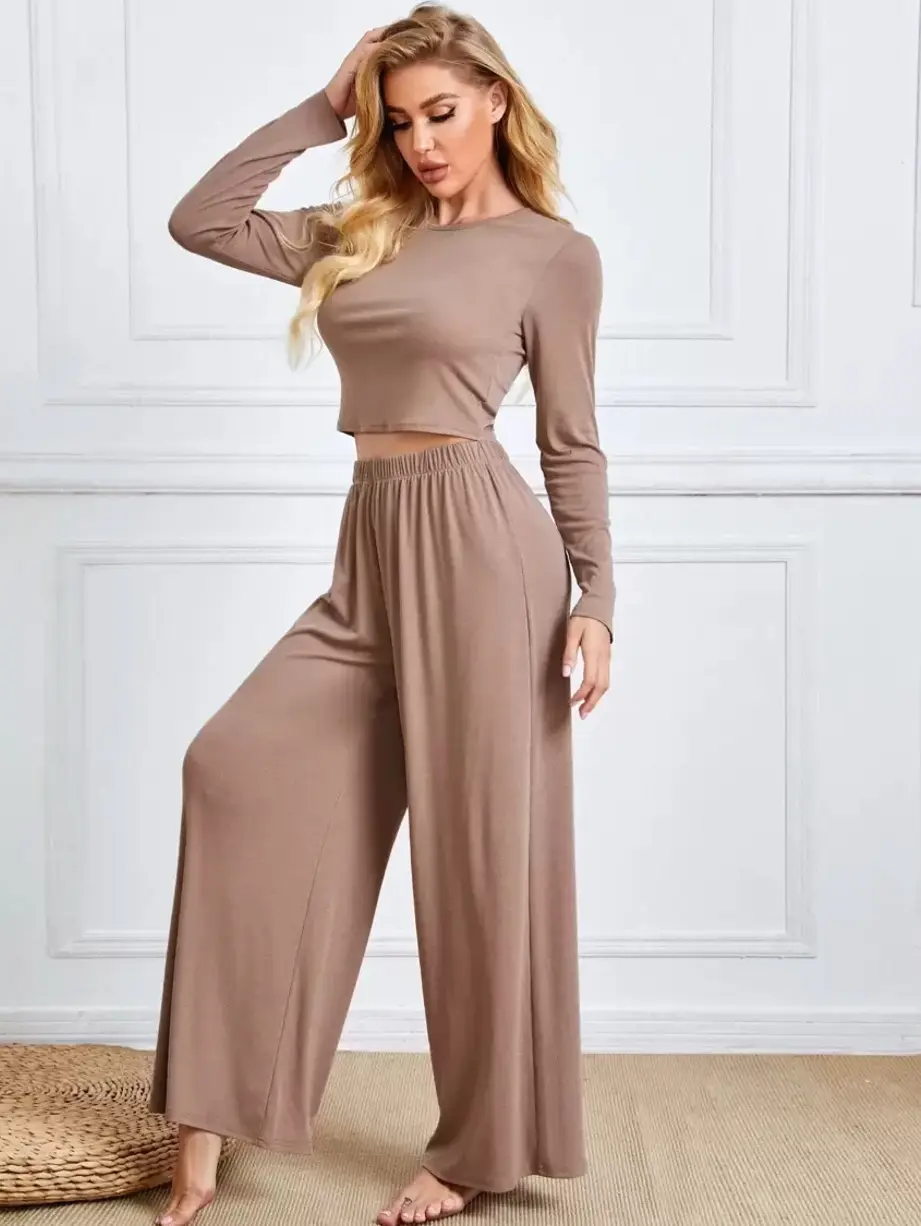 Rib-Knit Long Sleeve Cropped Top and Wide Leg Pants 2-Piece Set in Mocha Brown