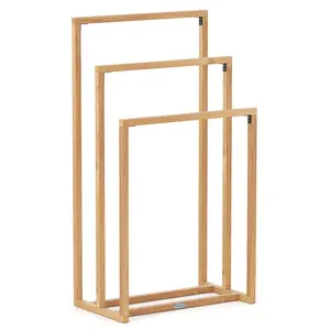 COSTWAY - 3-Tier Teak Wood Towel Rack with 3 Hanging Crossbars