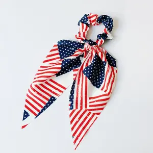 American Flag Hair Scrunchie Bow Ribbon Ponytail Holder Patriotic 4th of July Hair Tie for Women Girls Independence Day Party Accessories