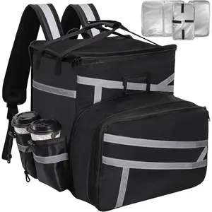 Food Delivery Backpack, Expandable Insulated Pizza Bag with 4 Cup Holders, Large Waterproof Catering Bag with Reflective Strip Support Boards for Delivery Bike, Doordash
