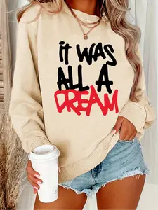 Women's Letter Print Drop Shoulder Thermal Lined Sweatshirt, Casual Long Sleeve Round Neck Pullover for Spring & Fall, Ladies Clothes for Daily Wear