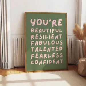 1pc Unframed You Are Beautiful Affirmation Wall Art Poster Canvas Print Green Pink Minimalist Uplifting Motivational Aesthetic Decor Funky Painting For Dorm,Apartment,Bedroom,Modern Home Decoration