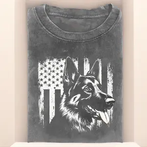 This Is a Casual T-Shirt Featuring a Pink German Shepherd And a Vintage American Flag Design on a White Background. It Has a Decadent Style with an Illustration of a Dog Lying with Its Tongue Out. Made from Soft, Pure