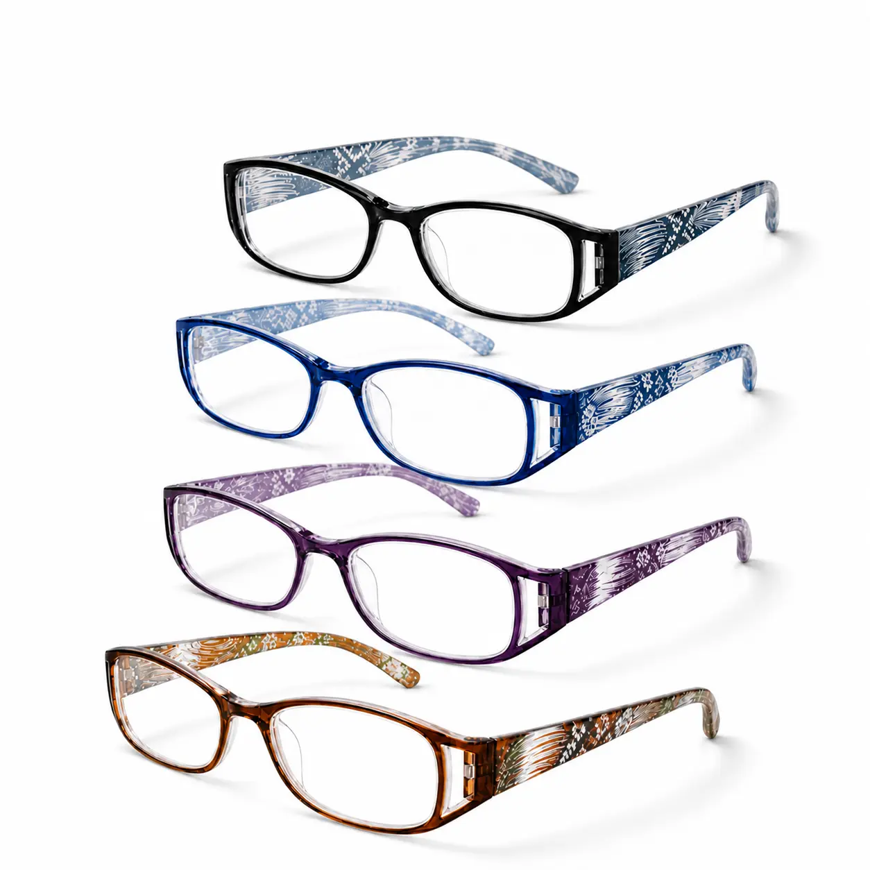4 Pack Women’s Reading Glasses, Lightweight Full-Rim Readers with Flexible Spring Hinges, Printed Temples, +1.0 to +4.0