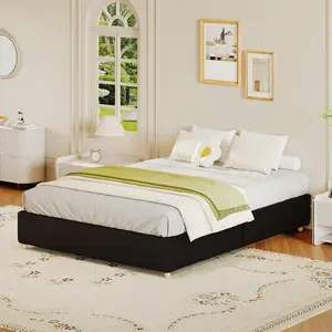 Full Size Cloud Bed Frame，Corduroy Low Bed Frame Without Headboard, Thick Fabric Upholstered Platform Bed, Solid Wood Legs, No Box Spring Needed, Never Squeak, Easy Assembly, Black