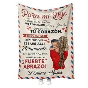 Spanish Manta Para Mi Hijo Mother to Son Letter Throw Blanket Flannel Soft Fleece Bedding Birthday Easter Gift Mom Message Warm Cozy Hug Blue Red Decor