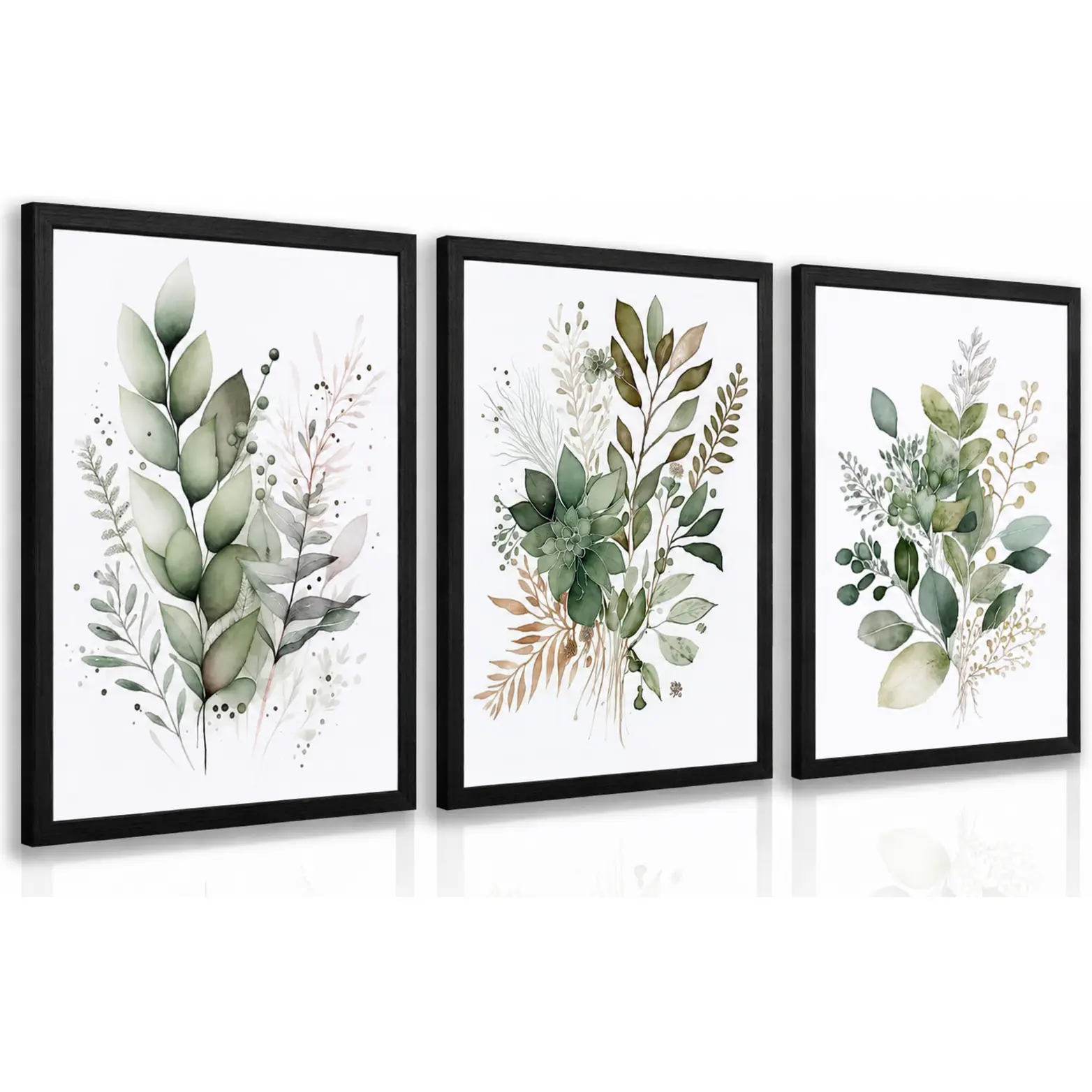 3-Piece Sage Green Framed Botanical Decoration Set, Creative Design Print Modern Watercolor Flower & Eucalyptus Leaf Wood Canvas Art, 12x16in for Living Room, Dining Room, Bedroom