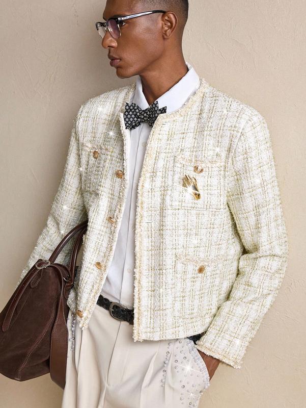 Jackets men - Men’s Tweed Business Casual Long Sleeve Jacket with Brooch for Fall Winter mens hoodies clothes for men vintage clothing men's clothing y2k clothing vacation outfits airport outfit jackets y2k clothes club outfit now birthday outfits