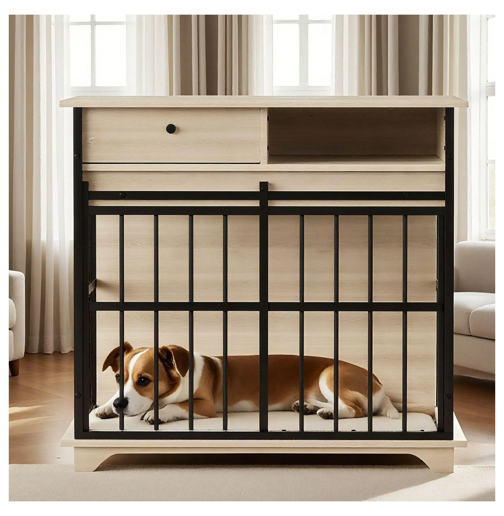 Large Dog Crate Furniture, Wooden Kennel with Tray for Medium & Large Dogs, Indoor Dog Cage Black+Natural MDF+Iron