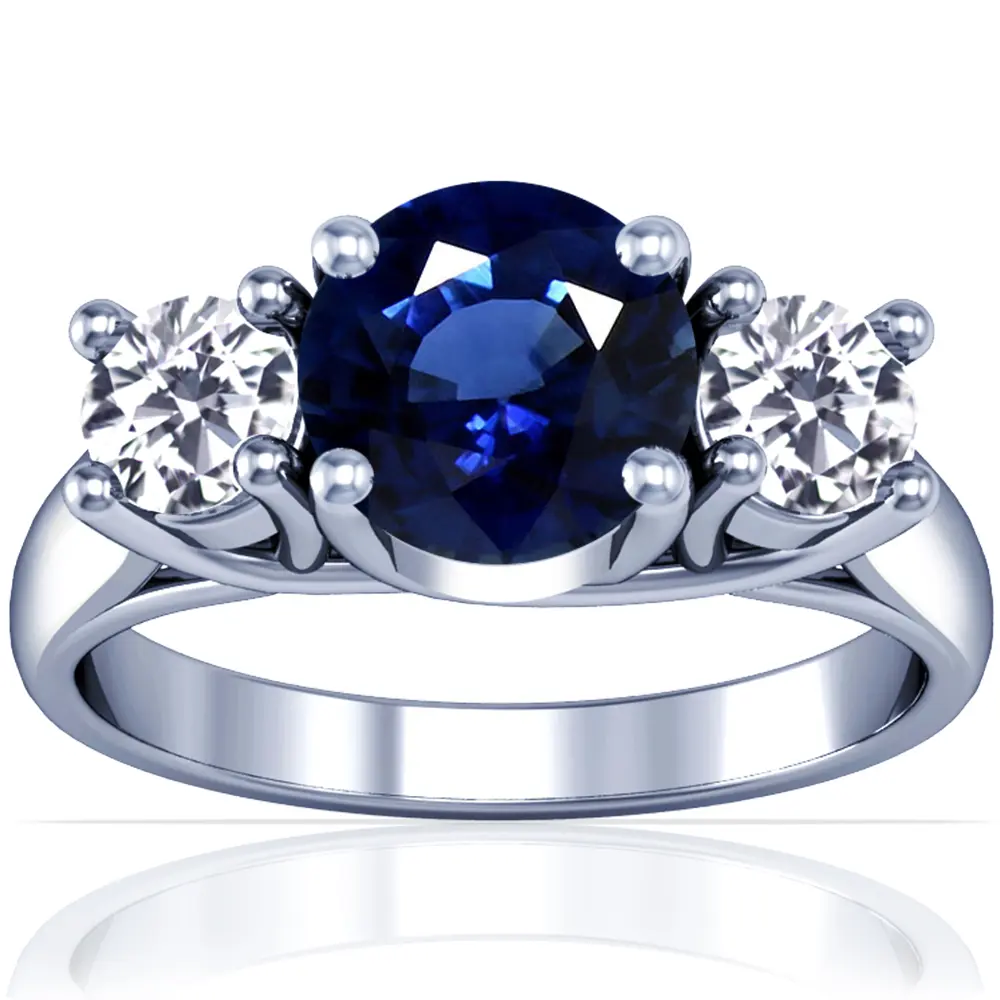 Blue Sapphire Round and Diamond Three Stone Ring - (14k White Gold)- R65650REBS