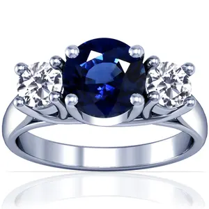 Blue Sapphire Round and Diamond Three Stone Ring - (14k White Gold)- R65650REBS