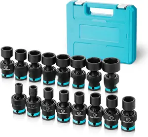 3/8" Drive Impact Swivel Socket Set, 16 count Shallow Universal Impact Socket Set with Flexible Wobble, Metric, Cr-Mo Steel, 6 Points, Organized in Sturdy Storage Case(8-24mm)