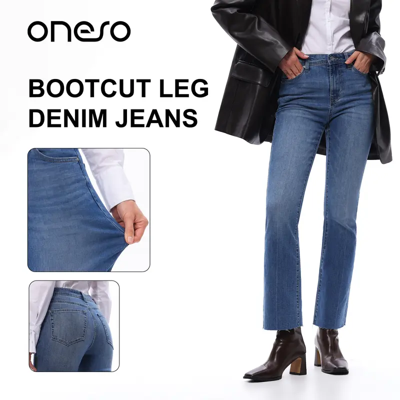 ONESO Women's Mid Rise Medium Blue Bootcut Jeans High Stretch Denim Vintage Wash Frayed Hem Whiskering Detail Fall Streetwear Winter Casual Outfit