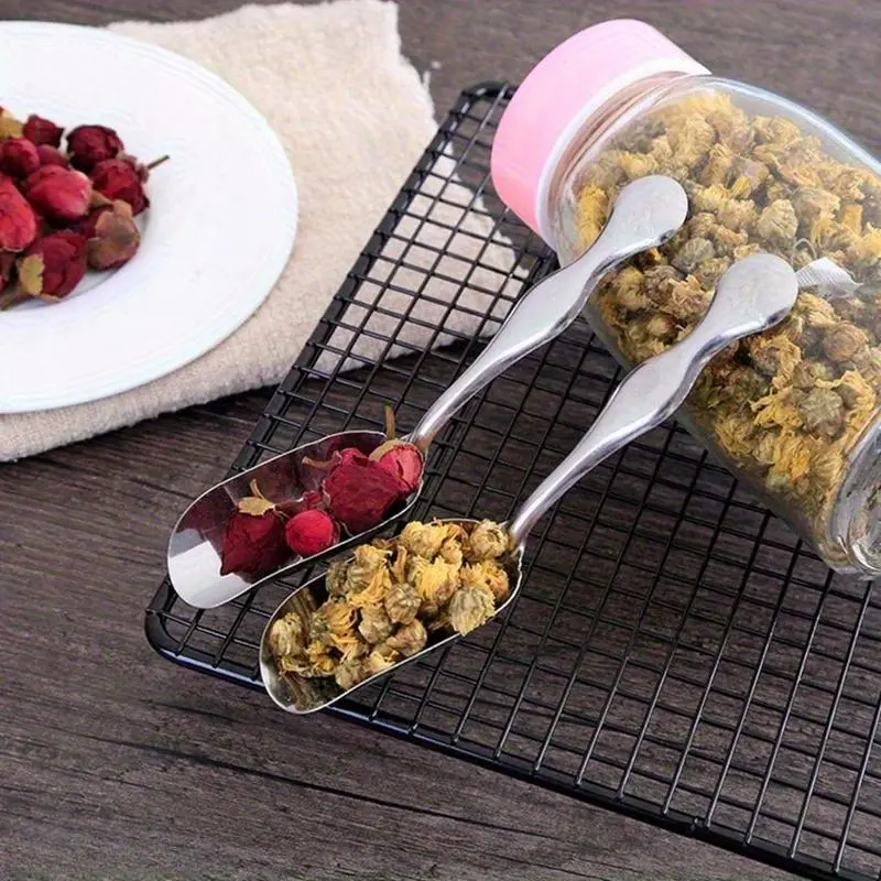 2pcs Stainless Steel Small Solid Metal Scoops with Hanging Loop Handle - Restaurant Kitchen Utensils, Modern, Heat Resistant, Anti-Scalding, Non-Toxic, Durable for Tea, Coffee Canisters