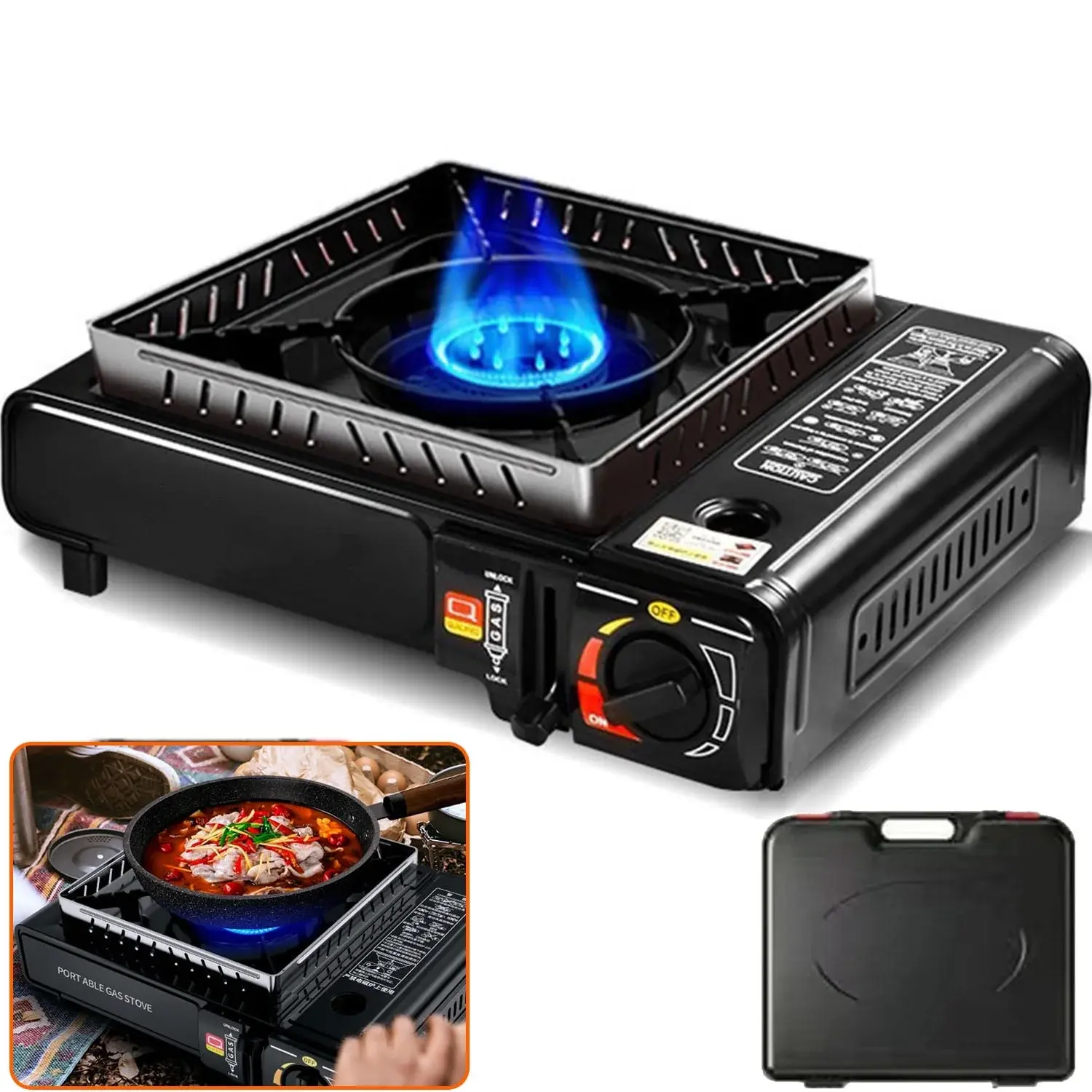 Butane Portable Camping Stove with Wind Baffle, Lightweight Design, Adjustable Heat Control, Cartridge Ejector, and Carrying Case for Outdoor Cooking