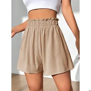 Shorts Casual Color Women Flirla s Solid Waist Frill Hem