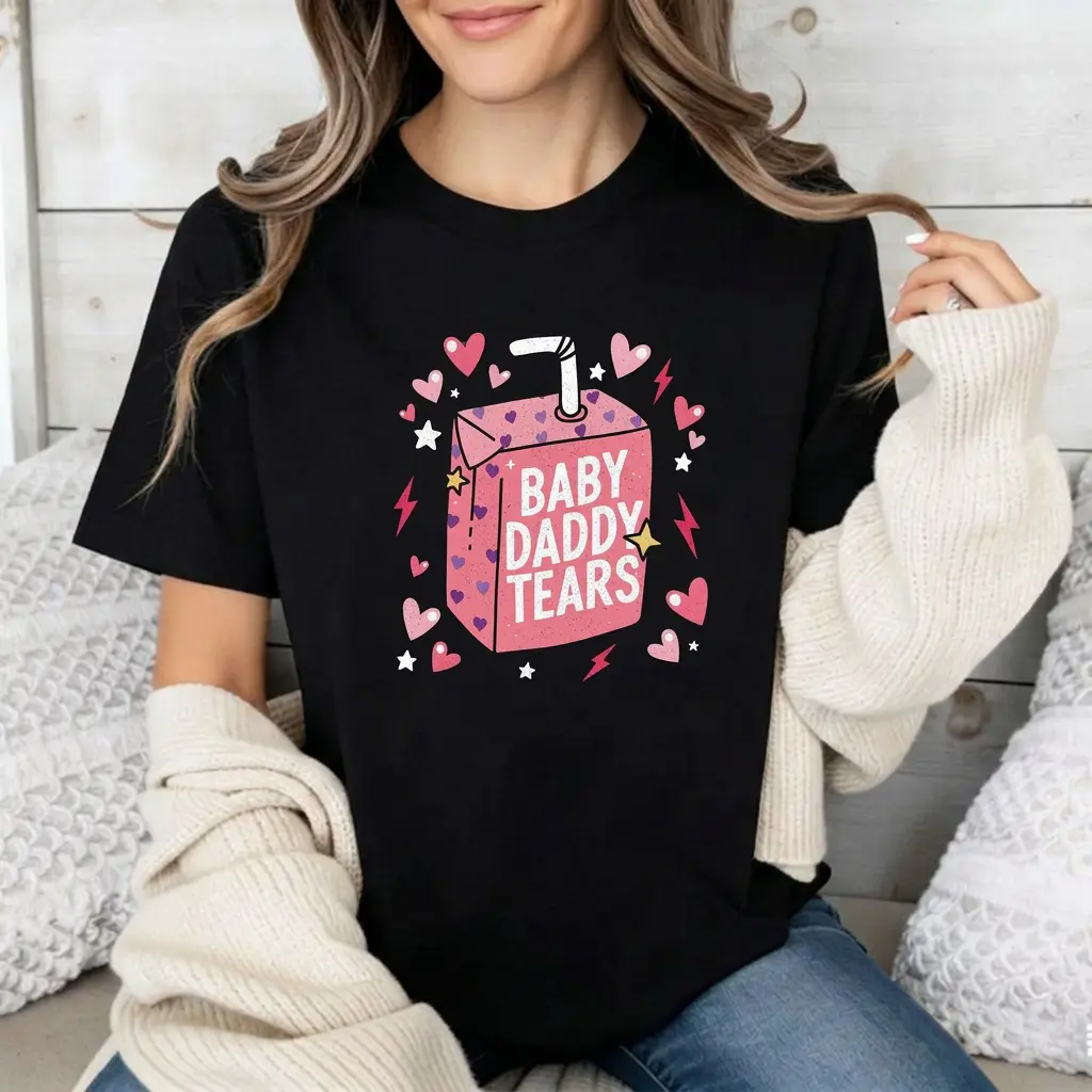 Baby Daddy Tears Graphic Tee Funny Sarcastic Juice Box Shirt Y2K Aesthetic Pink Top Soft Cotton Crewneck Casual Streetwear For Women New Mom Humor Apparel Love