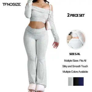 Women's 2-piece off shoulder long sleeved crop top and pants solid color sportswear basic silk smooth touch women's clothing（gift）