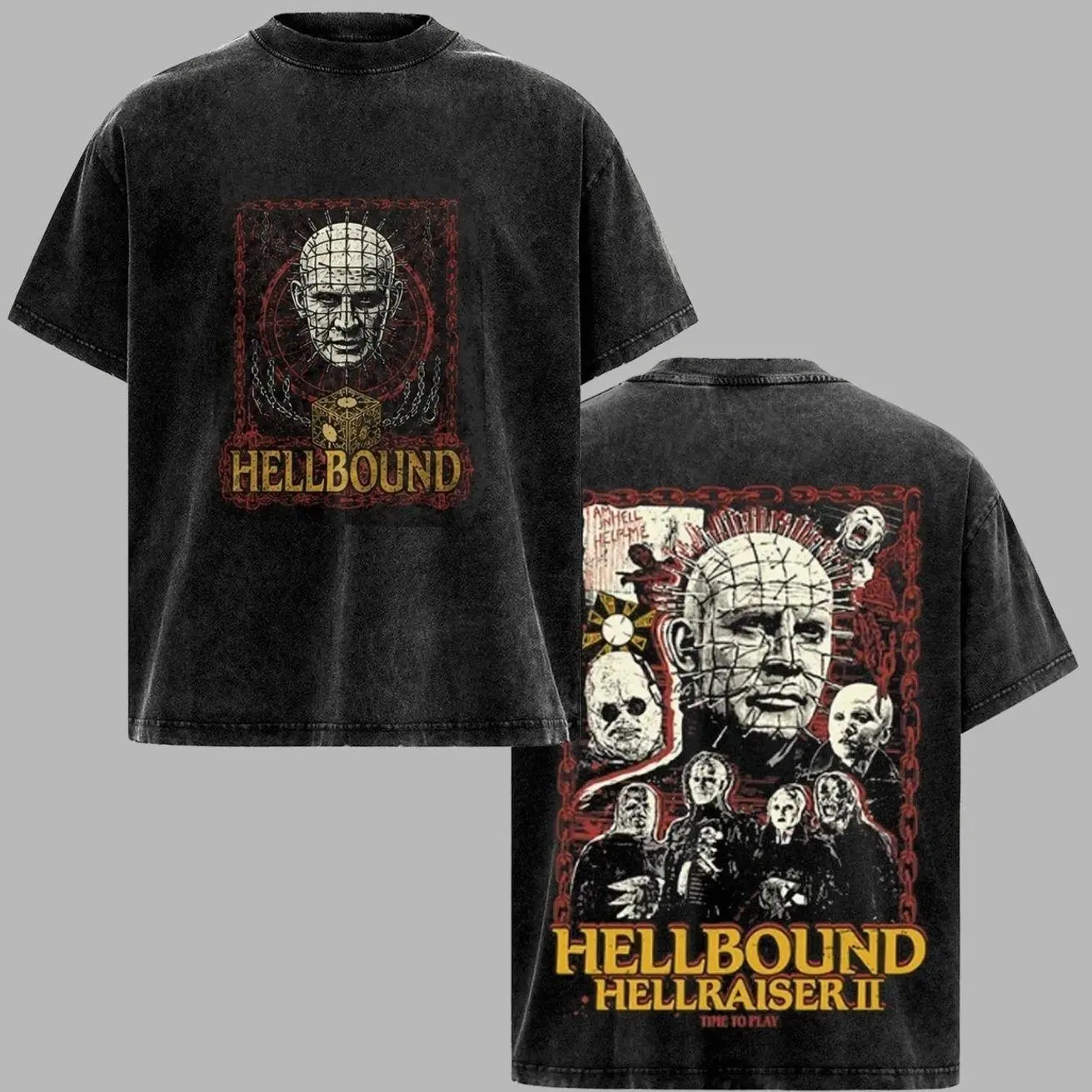 Hellbound Hellraiser II Vintage Horror Graphic T-Shirt Hoodie, Pinhead Puzzle Box Washed Black Tee, Retro Scary Movie Shirt, Cult Horror Poster Art, Halloween Streetwear, Unisex Horror Fan Gift KXH