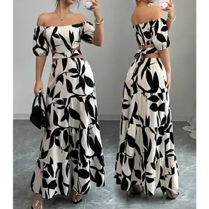 Women’s off-shoulder tie-up hollow-out vacation dress (asymmetrical floral print), evening wear, ruffle fabric