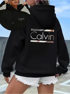 Women's Casual Fashion Hoodie Calvin Letter Print, Durable Material, Comfortable Fabric, Fall & Winter Wear, Kangaroo Pocket Drawstring